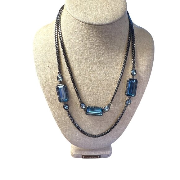 Givenchy Gunmetal Blue Crystal Necklace & Earring Set Designer Statement Jewelry - Picture 4 of 12